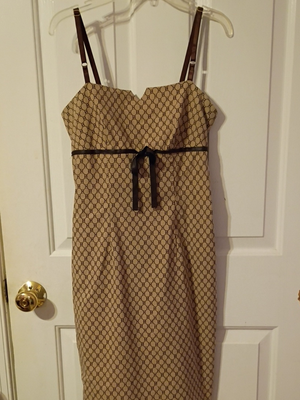 Blu Reef Beige Geometric Print Slip Dress with Brown Ribbon